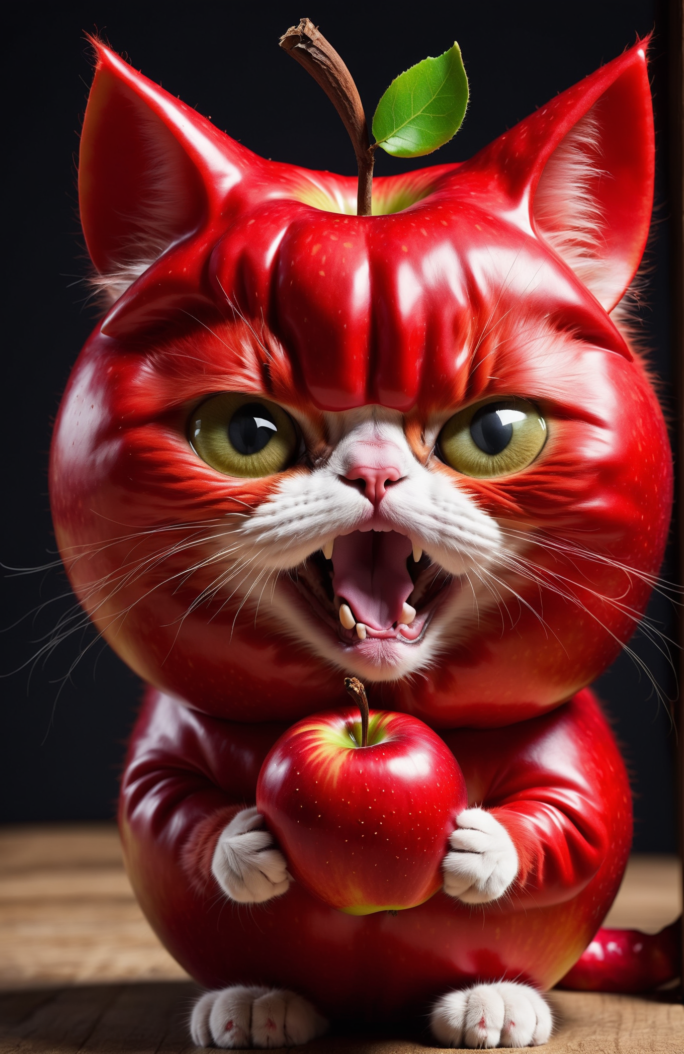 5070957-2294443498-🐱🍎😡 Angry Cat ,Apple Face  , The kitten wore a red apple suit with big and small clothes that added a bit of silliness, and the.png